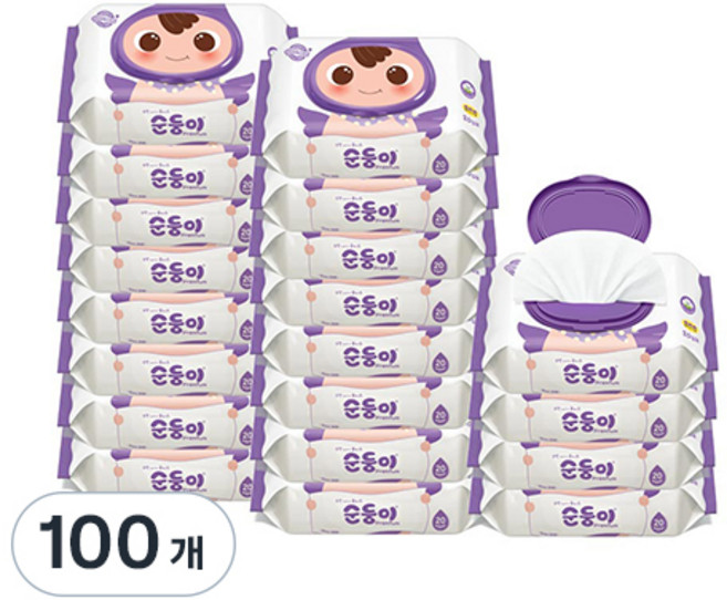 순둥이 프리미엄 엠보싱 유아 물티슈 캡형, 65g, 20매, 100개