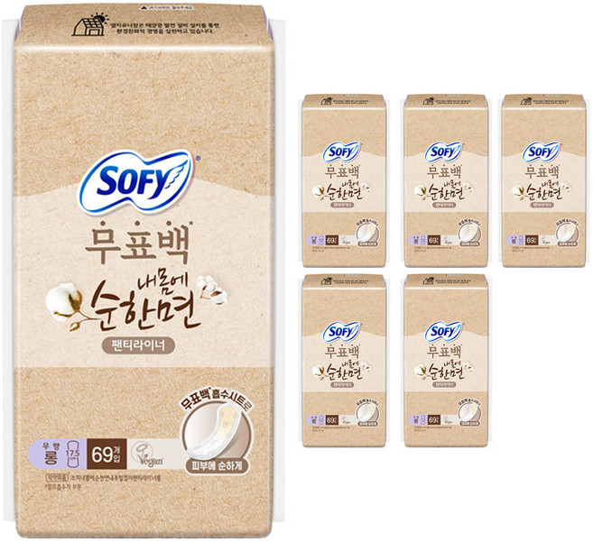 쏘피 내몸에 순한면 내추럴컬러 팬티라이너, 롱, 69개입, 6개