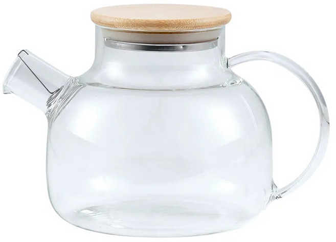Homely Zakka 午茶食光茶濾短嘴竹蓋玻璃壺 - 高硼硅耐熱玻璃茶壺, 透明, 1L, 1個