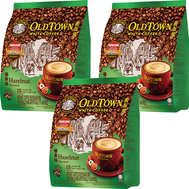 OLDTOWN WHITE COFFEE 舊街場白咖啡 3合1榛果味白咖啡, 31.6g, 15包, 3袋