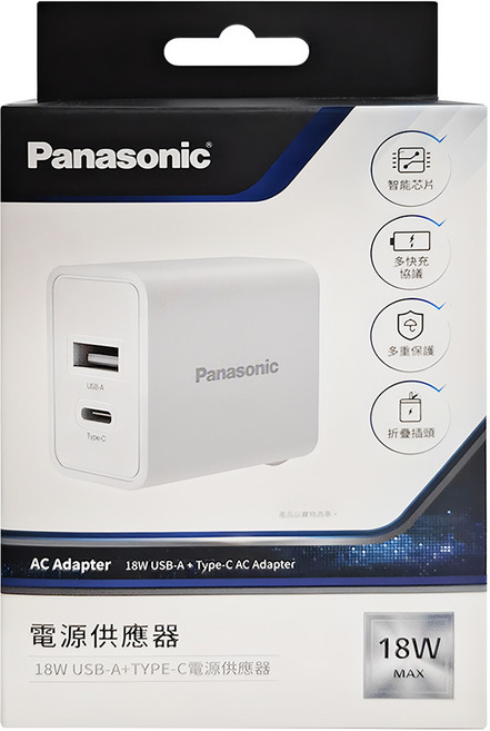 Panasonic 18W USB-A + TYPE-C 電源供應器, 白色, 1個