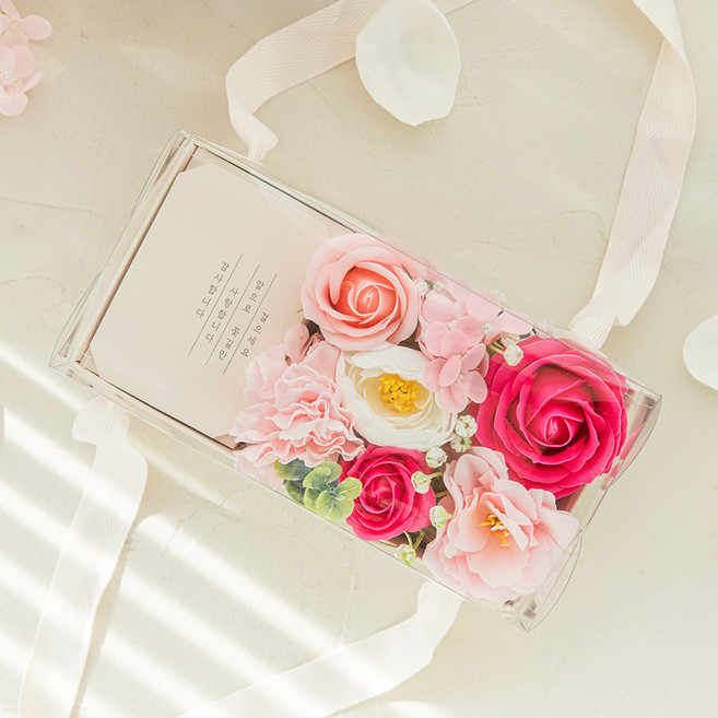 뷰티풀데코센스 미니 감사장 반전 비누꽃 핸들 용돈박스 + 투명 OPP 용돈봉투 20개 + 감사장 띠지, 핑크, 1개