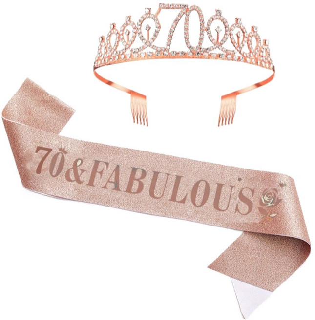 메리벨르 나이별 큐빅 파티 왕관 + 스트랩 칠순 잔치 파티용품 세트, 핑크골드, 1세트