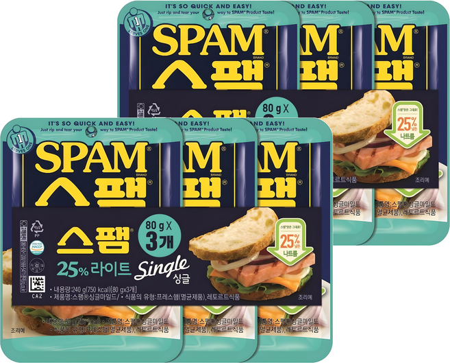 스팸 싱글 라이트, 80g, 6개