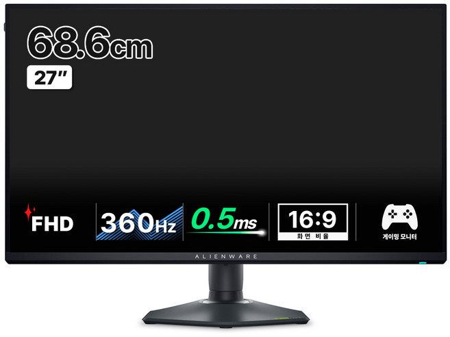 델 4K FHD 에일리언웨어 180Hz 360Hz 0.5ms IPS 듀얼 해상도 게이밍 모니터, 68.6cm, AW2725QF