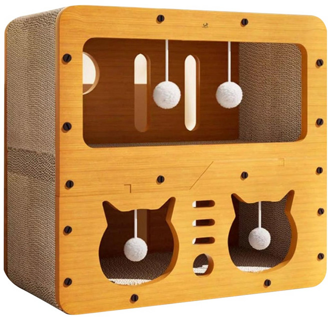 DING DONG PET 雙層躲貓貓屋貓抓板, 1個, 木色