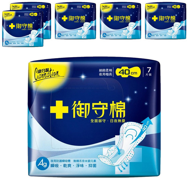 康乃馨 御守棉衛生棉 護翼型, 夜用極長型(40cm), 7片, 6包