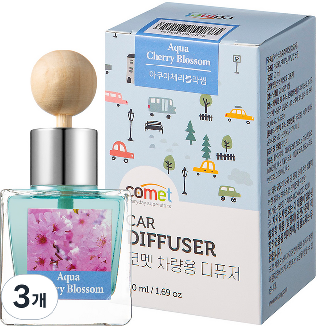 코멧 설레는 향 가득 차량용 디퓨저 50ml, 아쿠아체리블라썸, 3개
