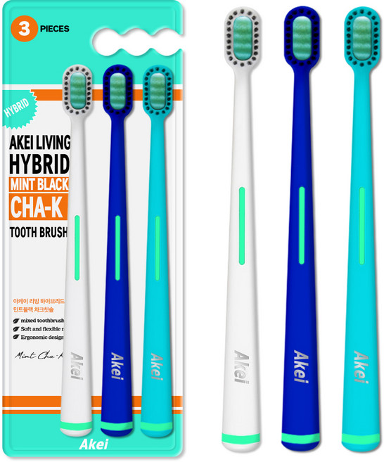 아케이 리빙 하이브리드 민트블랙 차크칫솔, 1세트, 3개입