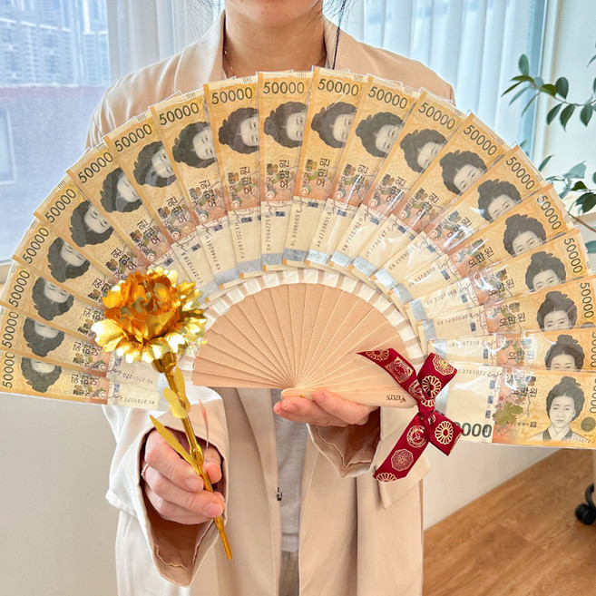 이플린 조화 블링 카네이션 한송이 꽃다발 + 돈부채 20p 세트, 자주색 + 황금 + 금, 1개