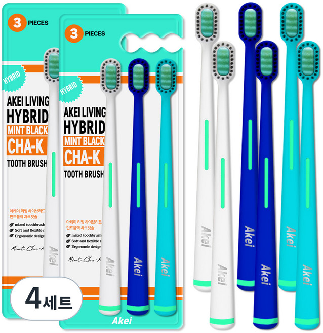 아케이 리빙 하이브리드 이중모 민트블랙 차크칫솔 3종 세트, 4개, 3개입
