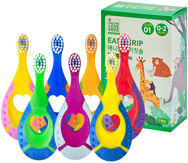 네이쳐러브메레 이지그립 애니멀 아기 칫솔 1단계, 혼합색상, 7개입, 1세트