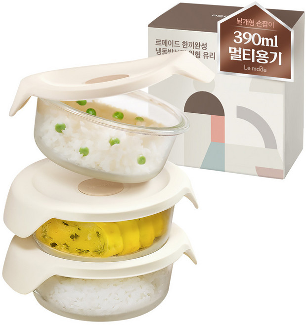 르메이드 한끼완성 냉동밥보관 원형 유리 용기 3개입, 1세트, 단품