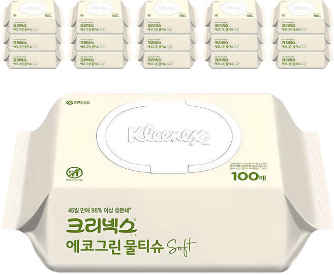 크리넥스 에코그린 소프트 물티슈 캡형, 45g, 100매, 16개