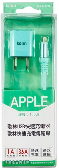 Kolin 歌林 Micro充電線器組 充電器35 x 30 x 28mm + 充電傳輸線100cm 48g, 綠色, 1組