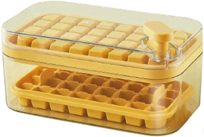 拍平方 一鍵按壓式製冰盒 雙層64格 ABS PET PP材質, 黃色, 1個