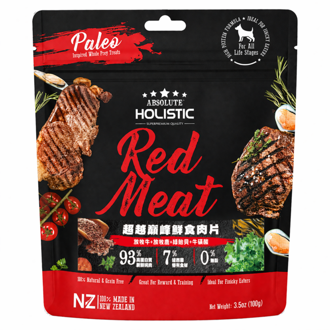 ABSOLUTE HOLISTIC 全齡犬 鮮食肉片, 牛 + 鹿 + 綠貽貝 + 牛磺酸, 100g, 1袋
