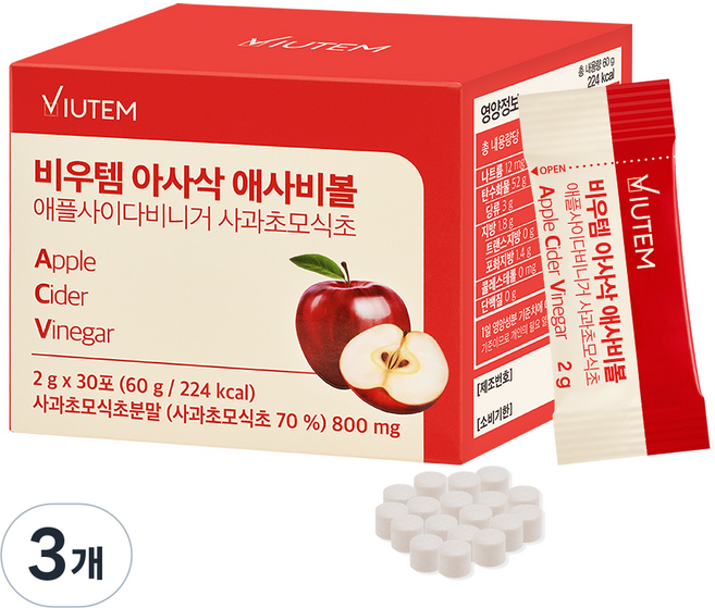 NUON 비우템 아사삭 애사비볼 애플사이다비니거 사과초모식초 30p, 60g, 3개