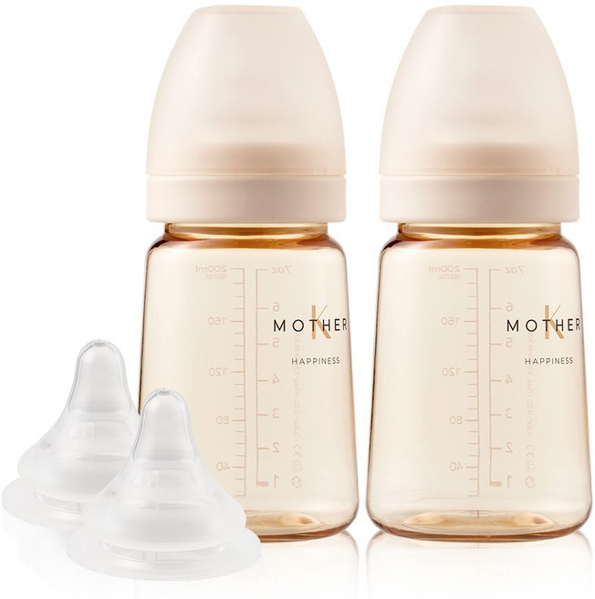 마더케이 베이직 PPSU 젖병 + 젖꼭지 1단계 트윈팩, 크림, 180ml, 2개