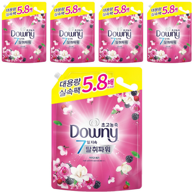 다우니 7일 지속 탈취파워 초고농축 섬유유연제 목련과베리 리필, 4.1L, 5개