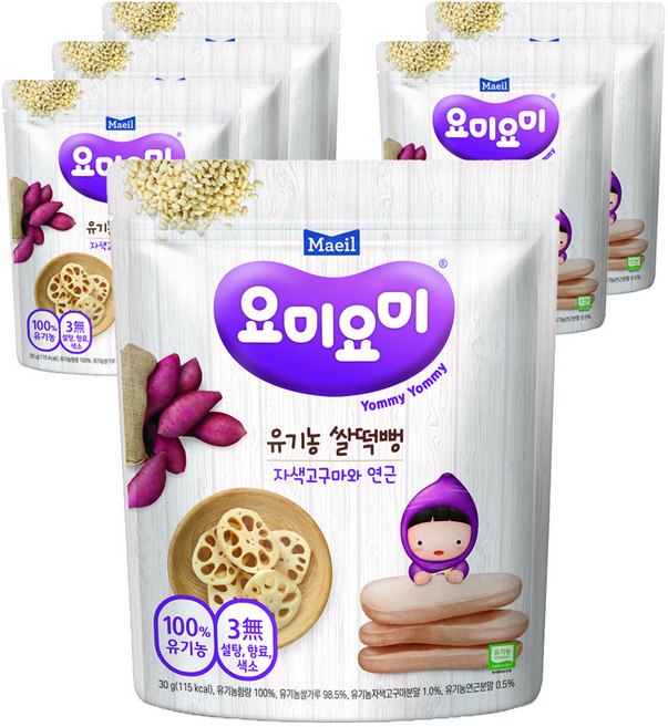 매일유업 요미요미 유기농 쌀떡뻥, 자색고구마와 연근, 30g, 6개