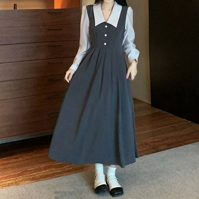 elsso. 赫本風翻領連身裙, 灰藍色