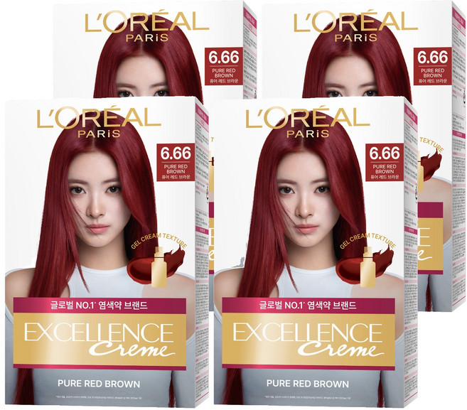 로레알파리 엑셀랑스 크림 빗캡으로 간편한 새치염색 염모제, 6.66호 퓨어 레드 브라운, 4개
