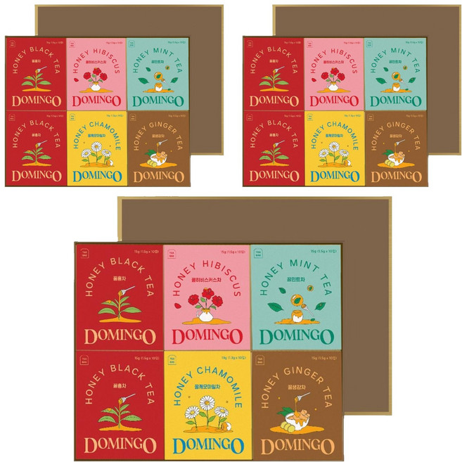 도밍고 차 선물세트, 꿀홍차 2개 + 꿀히비스커스 1개 + 꿀캐모마일 1개 + 꿀페퍼민트 1개 + 꿀생강 1개, 3세트