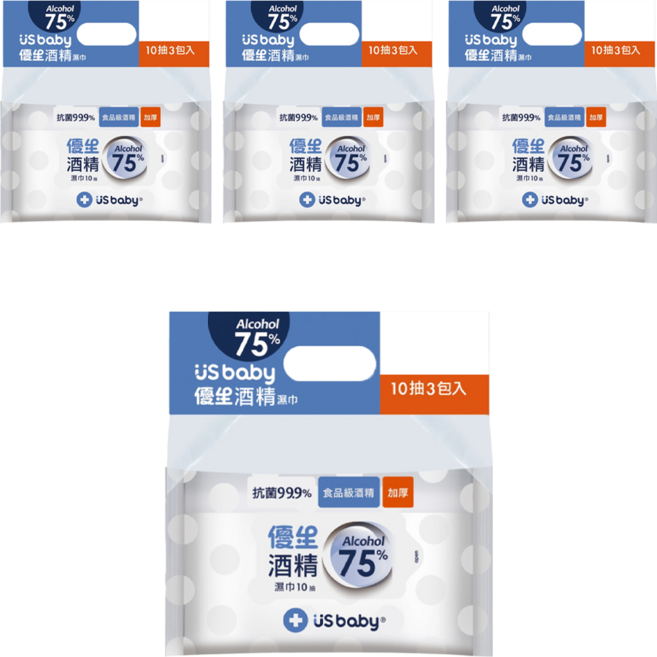 US baby 優生 75%酒精濕巾 柔軟厚實 輕便隨身包 全面清潔, 3包, 4袋
