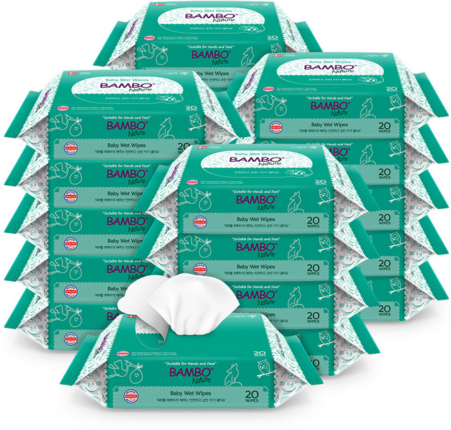밤보네이처 유아물티슈 휴대형, 53g, 20매, 20개