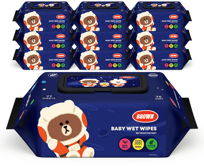 아이러브베베 라인프렌즈 유니버스 77매x10팩 아기물티슈 캡형, 1세트, 75g