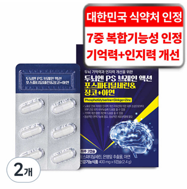 케어란스 두뇌엔 PS 브레인 액션 포스파티딜세린 징코 아연 영양제 2.4g, 2개, 6정