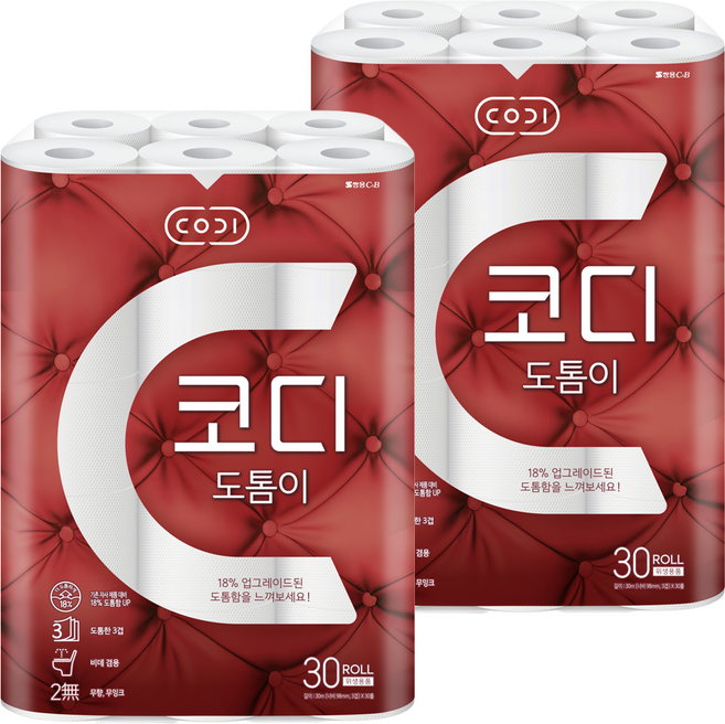 코디 도톰이 3겹 데코 롤화장지, 30m, 30롤, 2개