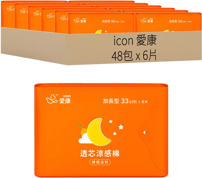 icon 愛康 透芯涼感衛生棉 檸橙派對 加長型, 33cm, 6片, 48包
