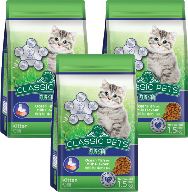 클래식펫츠 키튼 고양이 밀크 건식사료, 곡물, 1.5kg, 3개