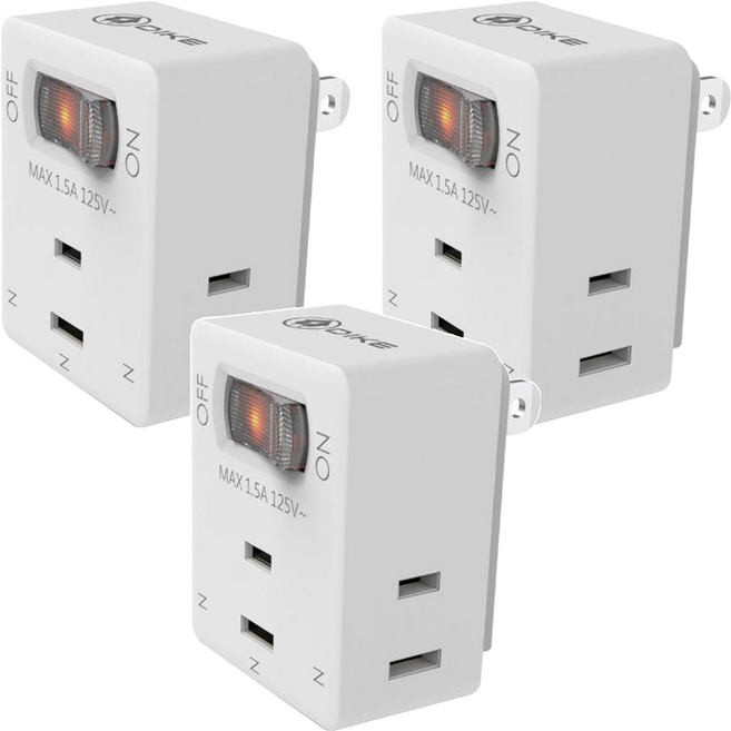 DIKE 1切3座 2P安全加強型節電小壁插 30%空間節約 帶燈電源開關 高強度PC材質, 白色, 3個, 54.5mm
