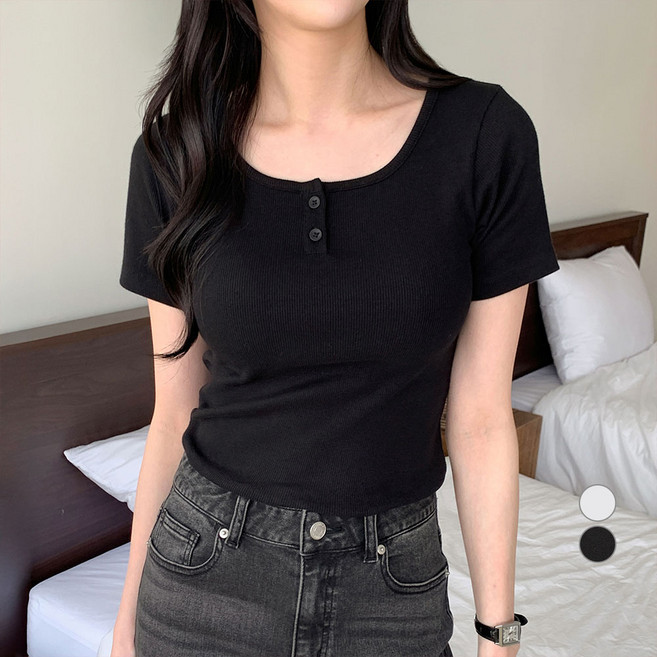 아피나르 여성용 스퀘어넥 골지 립 헨리넥 반팔 티셔츠