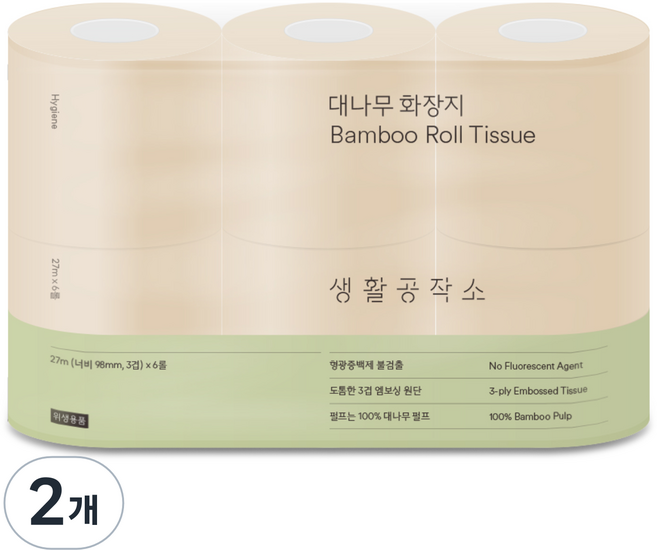 생활공작소 대나무 천연펄프 3겹 고급롤화장지, 27m, 6개입, 2개