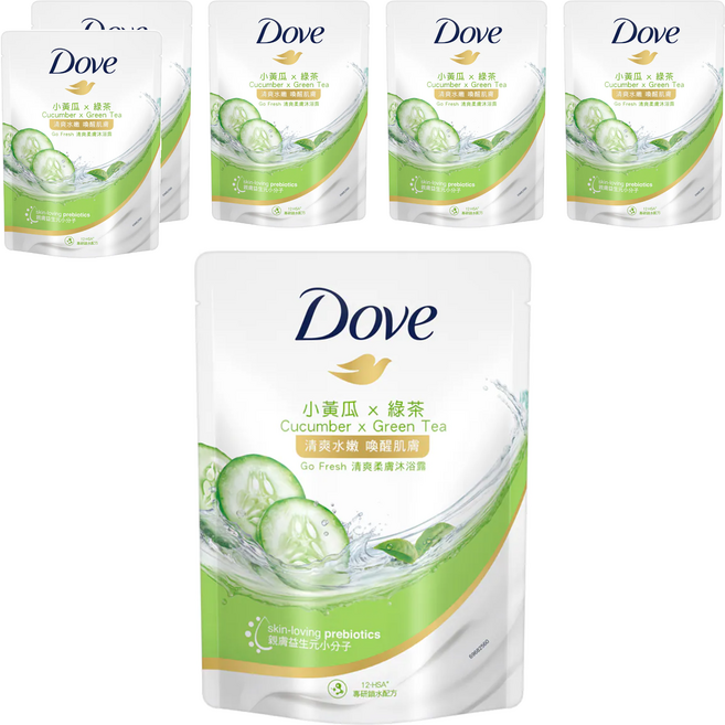 Dove 多芬 Go Fresh 清爽柔膚沐浴露 補充包 小黃瓜 x 綠茶 親膚益生元小分子, 580g, 6包