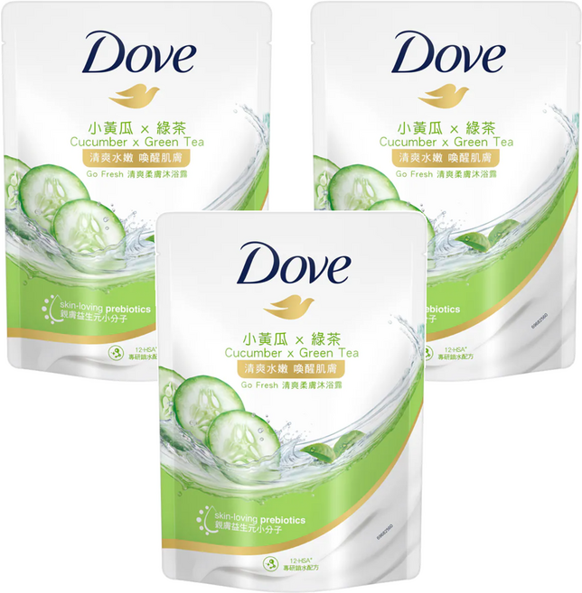 Dove 多芬 Go Fresh 清爽柔膚沐浴露 補充包 小黃瓜 x 綠茶 親膚益生元小分子, 580g, 3包
