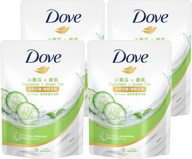 Dove 多芬 Go Fresh 清爽柔膚沐浴露 補充包 小黃瓜 x 綠茶 親膚益生元小分子, 580g, 4包