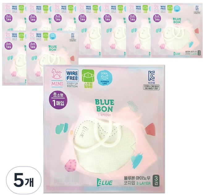 블루본 아이노우 코지업 미니 썸머 초소형 노와이어 스트랩일체형 마스크 유아용, 10매입, 5개, 화이트