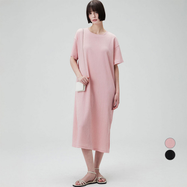 ELLEPARIS 여성용 주름가공 여름니트 이지핏 라운드넥 롱 원피스