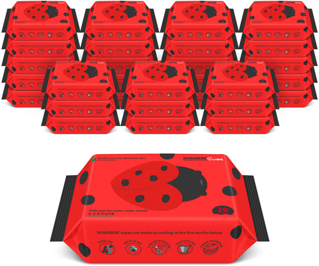 누누베베 벅스 레드 물티슈 휴대용, 65g, 20매, 30개