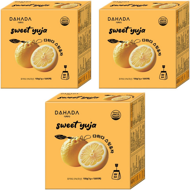 다하다 스윗 유자차, 1g, 100개입, 3개