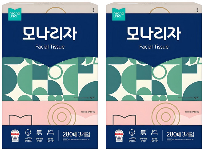 모나리자 천연펄프 미용티슈 2겹, 280매, 6개