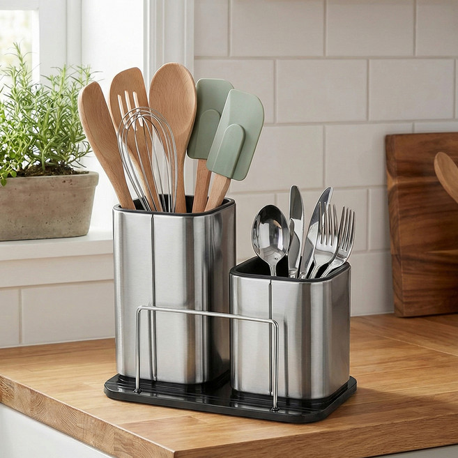 마메 스테인리스 수저 조리도구통 2구, 실버, 1개