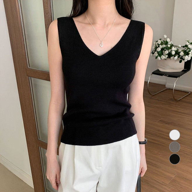 아피나르 여성용 슬림핏 브이넥 골지 나시