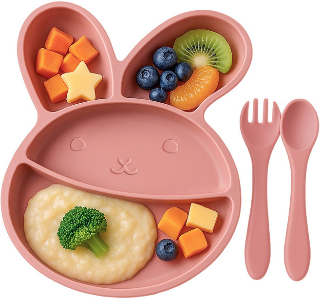 아띠래빗 아기 토끼 흡착 식판 + 스푼 + 포크 세트, 드라이로즈, 1세트