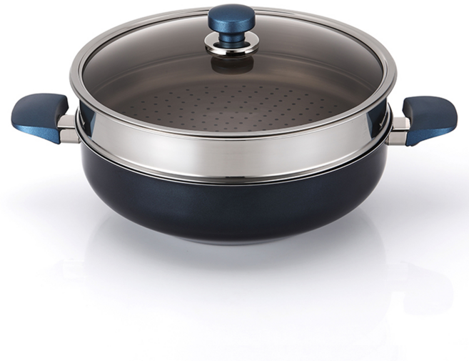 해피콜 클래식 다이아몬드 블루 파티웍 + 뚜껑 + 찜기, 28cm, 1세트